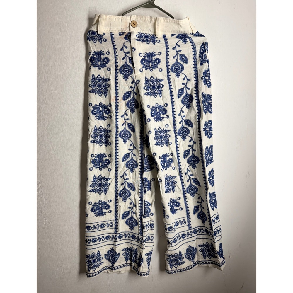 Joie Embroidered Linen Wide Leg Pants Blue White Floral Boho Coastal Size 4